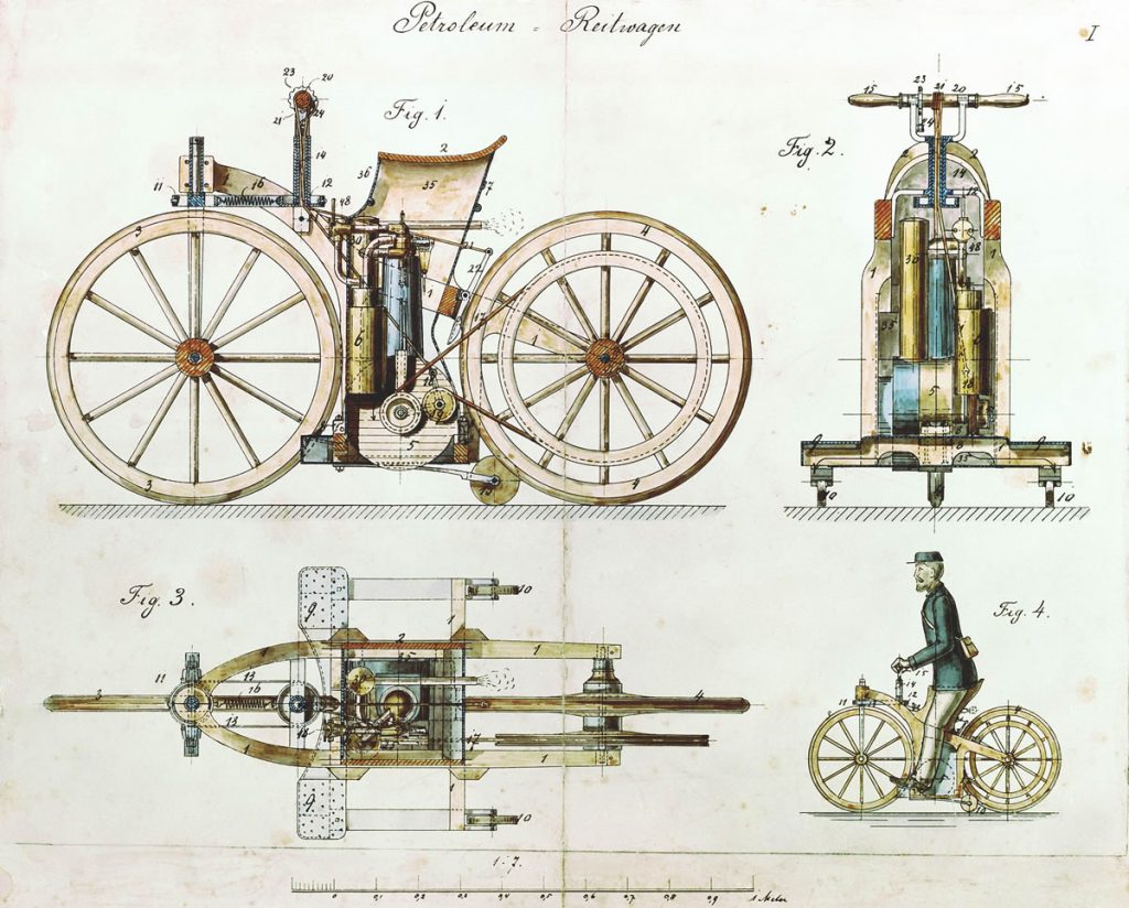 Daimler_Reitwagen_color_drawing_1885_DE_patent_36423